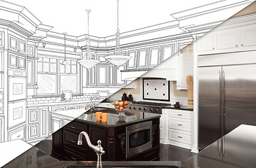 Image showing Diagonal Split Screen Of Drawing and Photo of New Kitchen