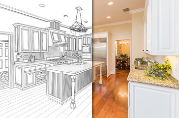 Image showing Split Screen Of Drawing and Photo of New Kitchen