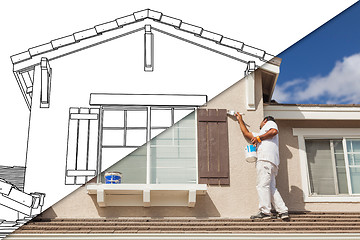 Image showing Diagonal Split Screen of Drawing and Photo of House Painter Pain