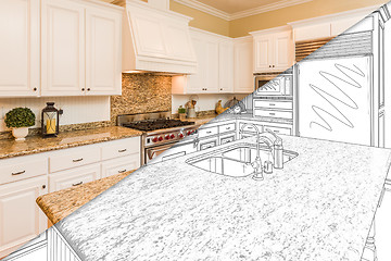 Image showing Diagonal Split Screen Of Drawing and Photo of New Kitchen