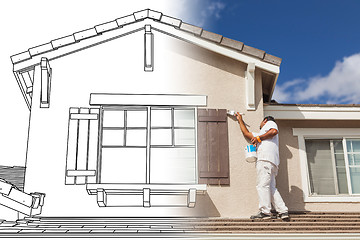 Image showing Split Screen of Drawing and Photo of House Painter Painting Home