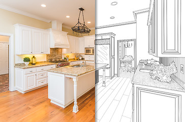 Image showing Split Screen Of Drawing and Photo of New Kitchen