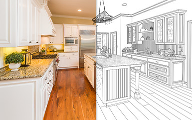 Image showing Split Screen Of Drawing and Photo of New Kitchen