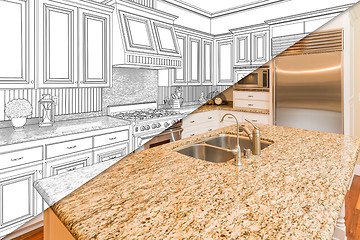 Image showing Diagonal Split Screen Of Drawing and Photo of New Kitchen