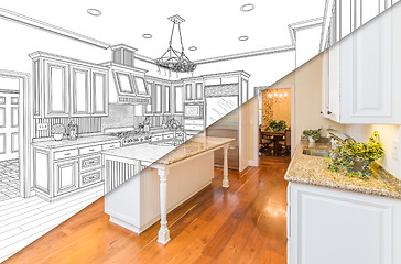 Image showing Diagonal Split Screen Of Drawing and Photo of New Kitchen