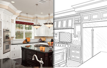 Image showing Split Screen Of Drawing and Photo of New Kitchen