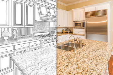 Image showing Split Screen Of Drawing and Photo of New Kitchen