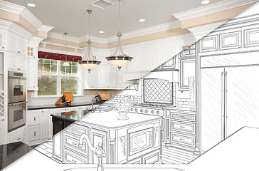 Image showing Diagonal Split Screen Of Drawing and Photo of New Kitchen
