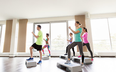 Image showing group of people exercising on steppers in gym