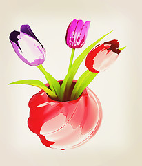 Image showing Tulips with leaf in vase. 3D illustration. Vintage style.