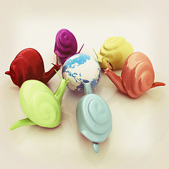 Image showing 3d fantasy animals, snails and earth on white background . 3D il