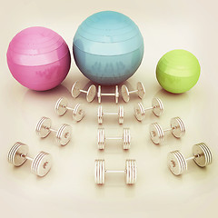 Image showing Fitness ball and dumbell. 3D illustration. Vintage style.