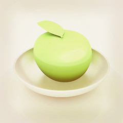 Image showing apple in a plate on white. 3D illustration. Vintage style.