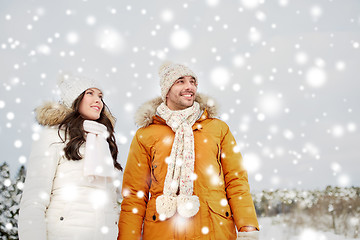 Image showing happy couple walking over winter background