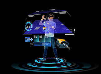 Image showing happy man in virtual reality headset or 3d glasses