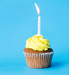 Image showing birthday cupcake with one burning candle