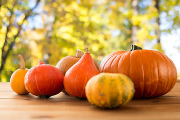 Image showing close up of pumpkins on wooden table outdoors