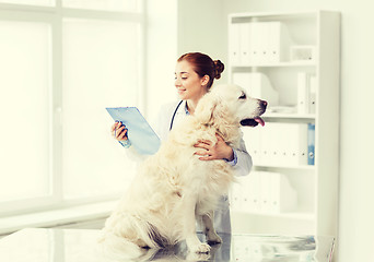 Image showing happy doctor with retriever dog at vet clinic