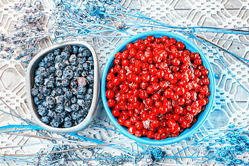 Image showing Cranberries And  Blueberries On Openwork Tablecloth