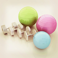 Image showing Fitness ball and dumbell. 3D illustration. Vintage style.