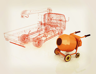 Image showing 3d model concrete mixer and truck. 3D illustration. Vintage styl