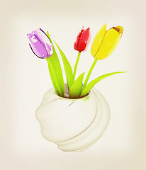 Image showing Tulips with leaf in vase. 3D illustration. Vintage style.