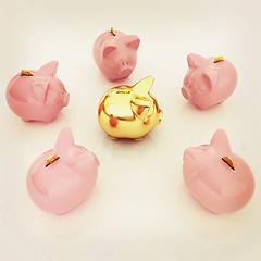 Image showing gold coin with with the piggy banks. 3D illustration. Vintage st