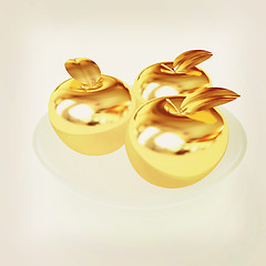 Image showing Gold apples on a plate. 3D illustration. Vintage style.