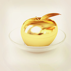 Image showing Gold apple on a plate. 3D illustration. Vintage style.