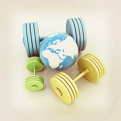 Image showing dumbbells and earth. 3D illustration. Vintage style.