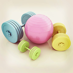 Image showing Fitness ball and dumbell. 3D illustration. Vintage style.