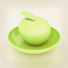 Image showing apple in a plate on white. 3D illustration. Vintage style.