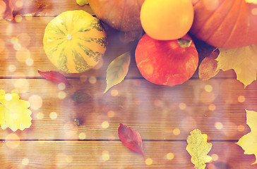 Image showing close up of pumpkins on wooden table at home