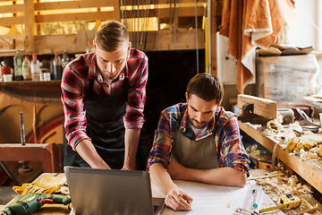 Image showing carpenters with laptop and blueprint at workshop