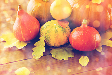 Image showing close up of pumpkins on wooden table at home