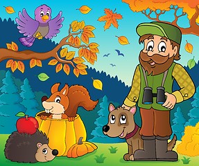 Image showing Forester and autumn animals theme 1