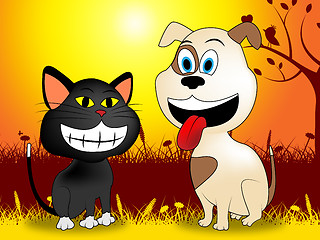 Image showing Dog With Cat Indicates Doggy Kitty And Meadows