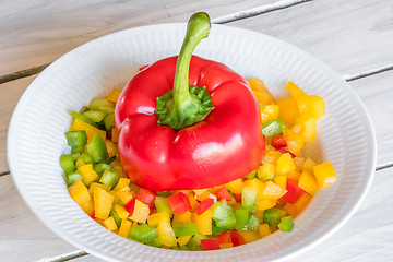 Image showing Sliced pepper on a plate on a wooden table