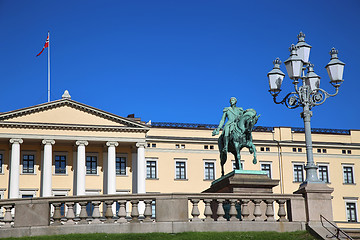 Image showing The Royal Palace and statue of King Karl Johan XIV in Oslo, Norw