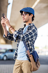 Image showing hipster man taking selfie on smartphone