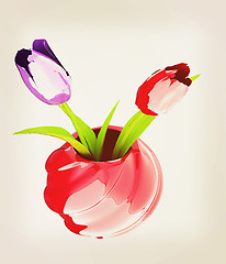 Image showing Tulips with leaf in vase. 3D illustration. Vintage style.