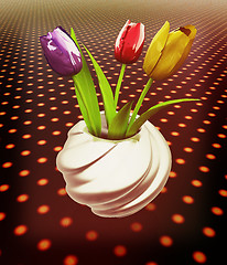 Image showing Tulips with leaf in vase. 3D illustration. Vintage style.