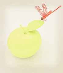 Image showing Dragonfly on apple. 3D illustration. Vintage style.