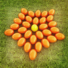 Image showing Colored Easter eggs as a flower on a green grass. 3D illustratio