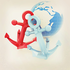 Image showing anchors and Earth. 3D illustration. Vintage style.