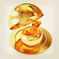 Image showing Gold Serving dome or Cloche and gold apple . 3D illustration. Vi