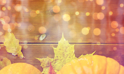 Image showing close up of pumpkins on wooden table at home