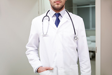 Image showing close up of doctor with stethoscope at hospital