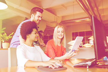 Image showing happy creative team with computer in office