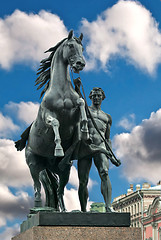 Image showing Sculpture horseman with a horse.